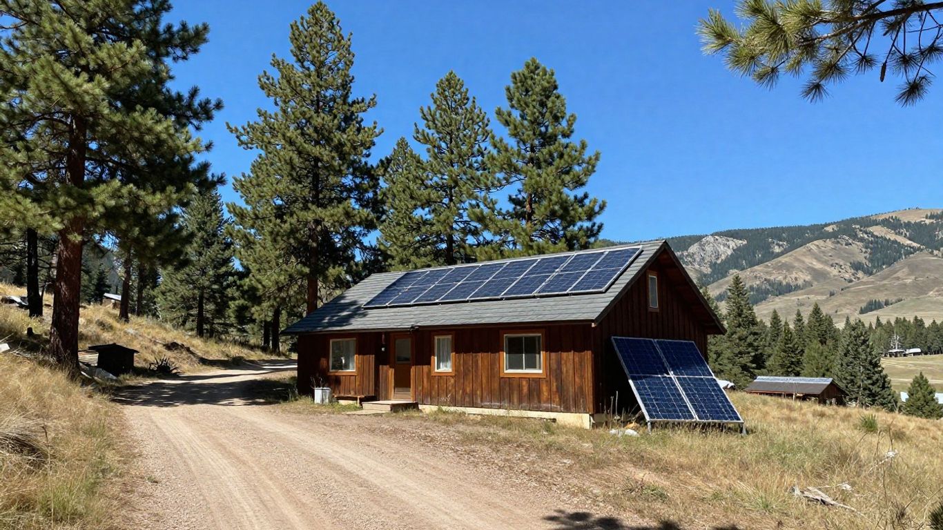 Rustic cabin with solar panel in Montana mountains