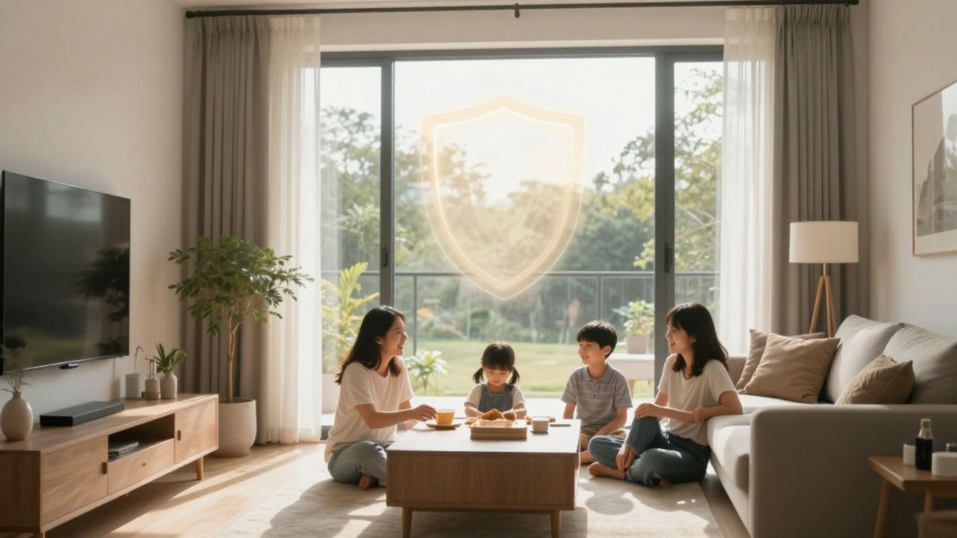 Familia feliz en casa protegida por seguro.