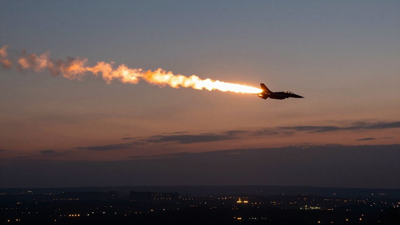 Jet fighter streaking across a twilight sky.
