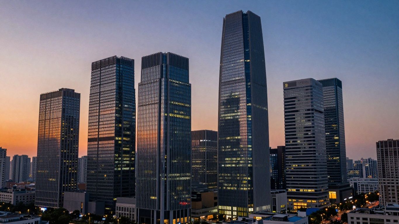 Modern cityscape with skyscrapers at dusk.