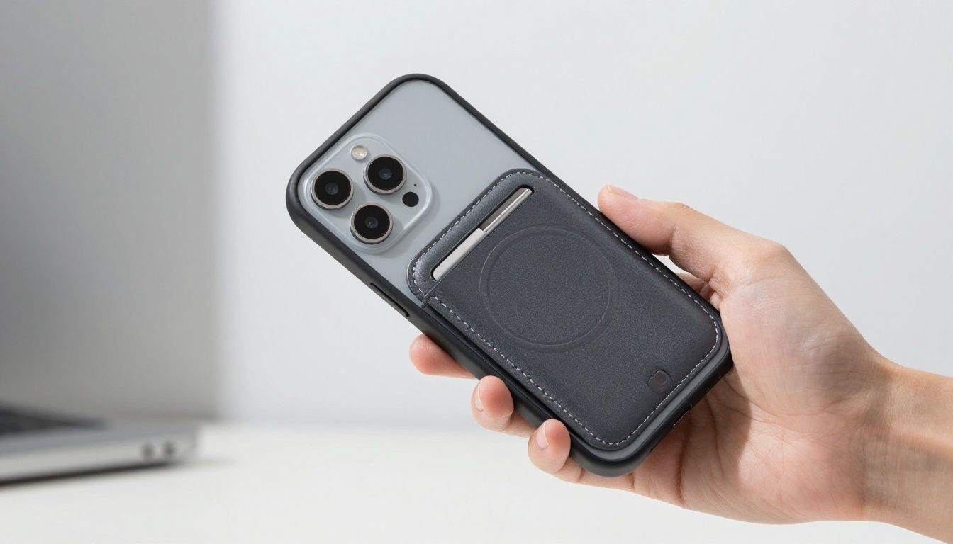 A person's hand sliding their iPhone 15 out of a detachable magnetic wallet case, showing the separate phone and wallet components against a clean, modern background.