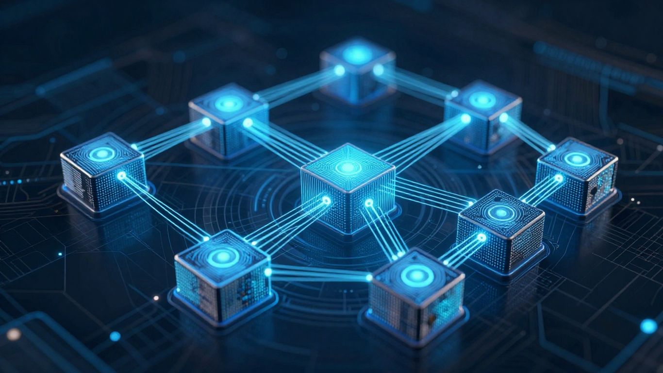 Abstract blockchain network with glowing connections.