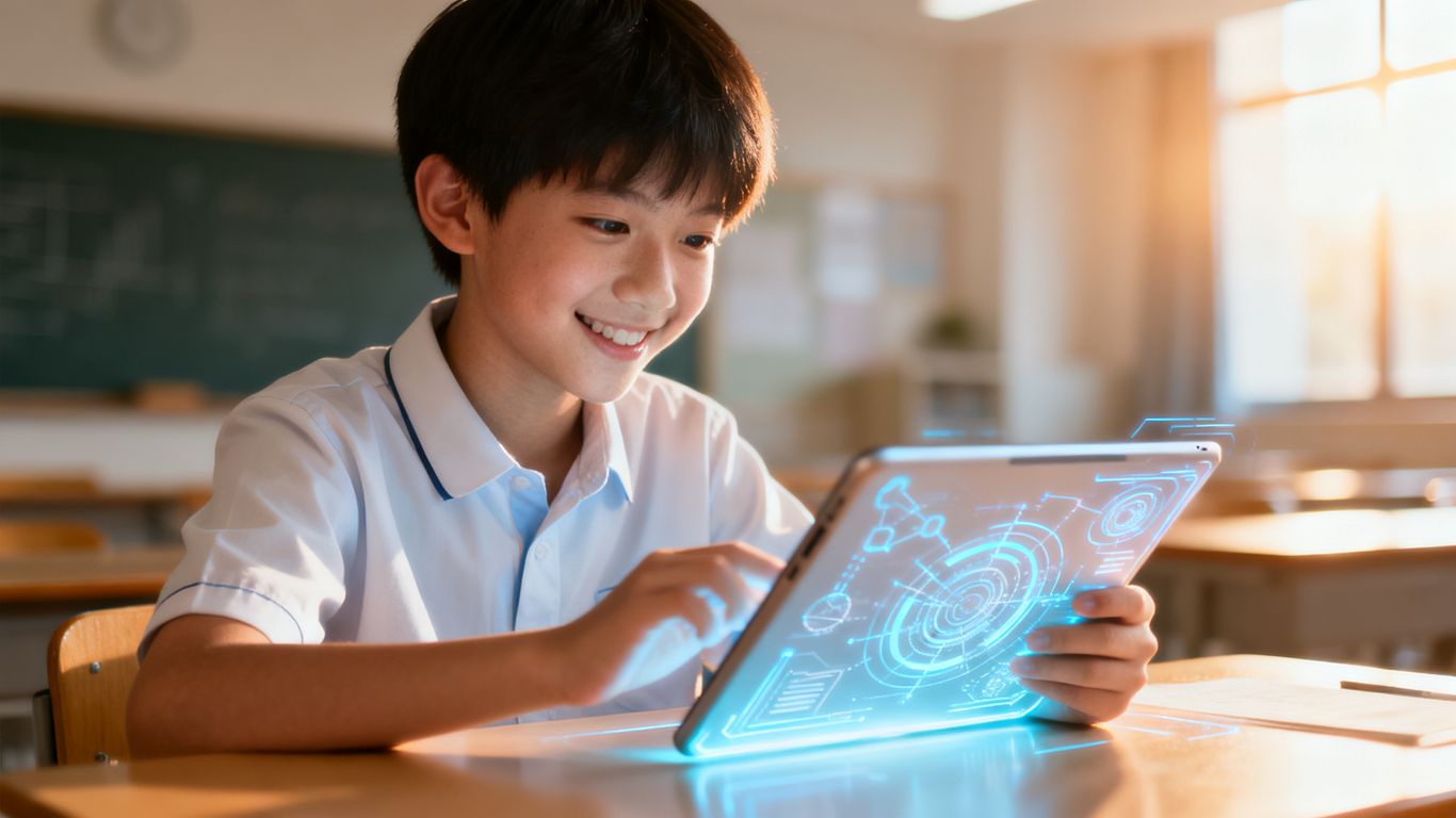 Student learning with futuristic AI tutor tablet.