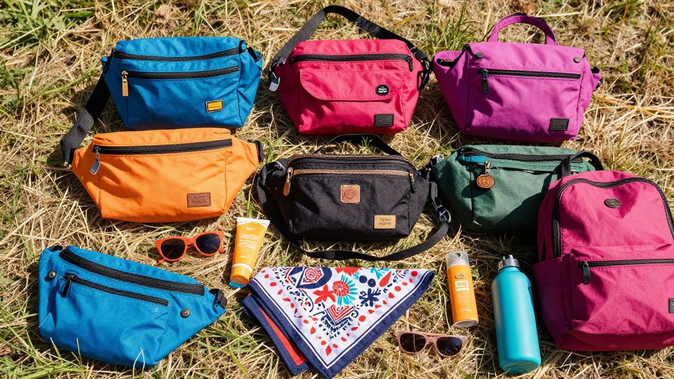 Festival bags packed with Coachella essentials like sunglasses and water bottles.