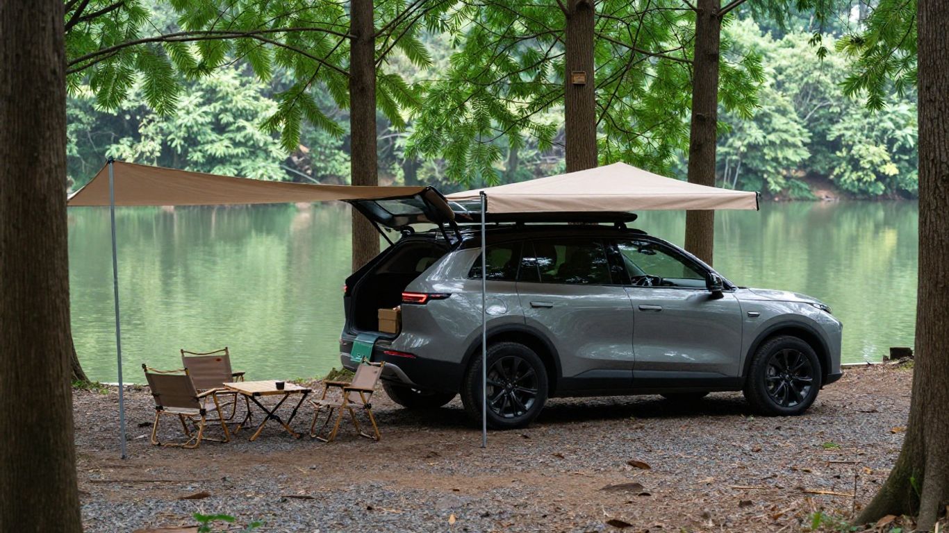 A retractable car awning deployed beside an SUV