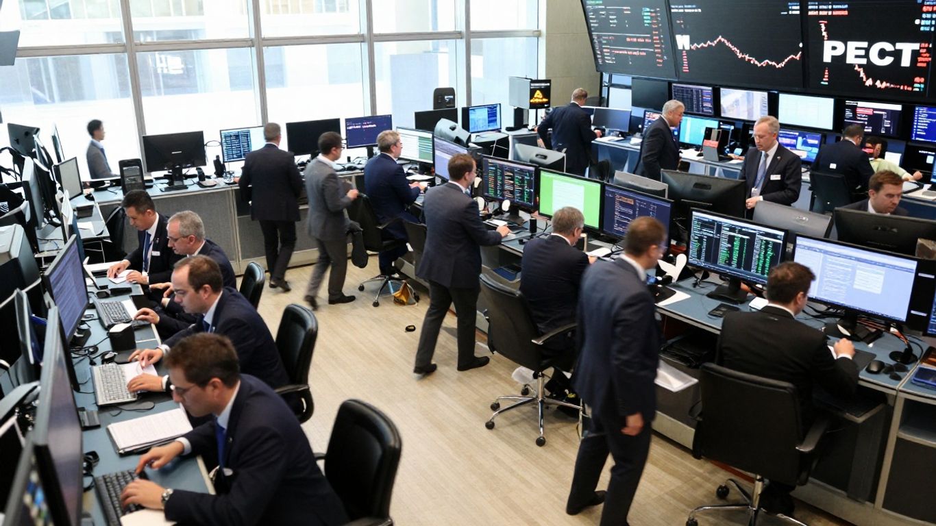 Stock exchange floor with traders in action.
