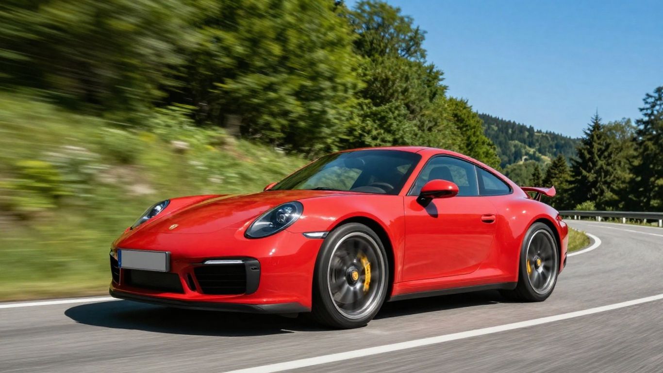 Red Porsche 911 driving on a scenic mountain road.