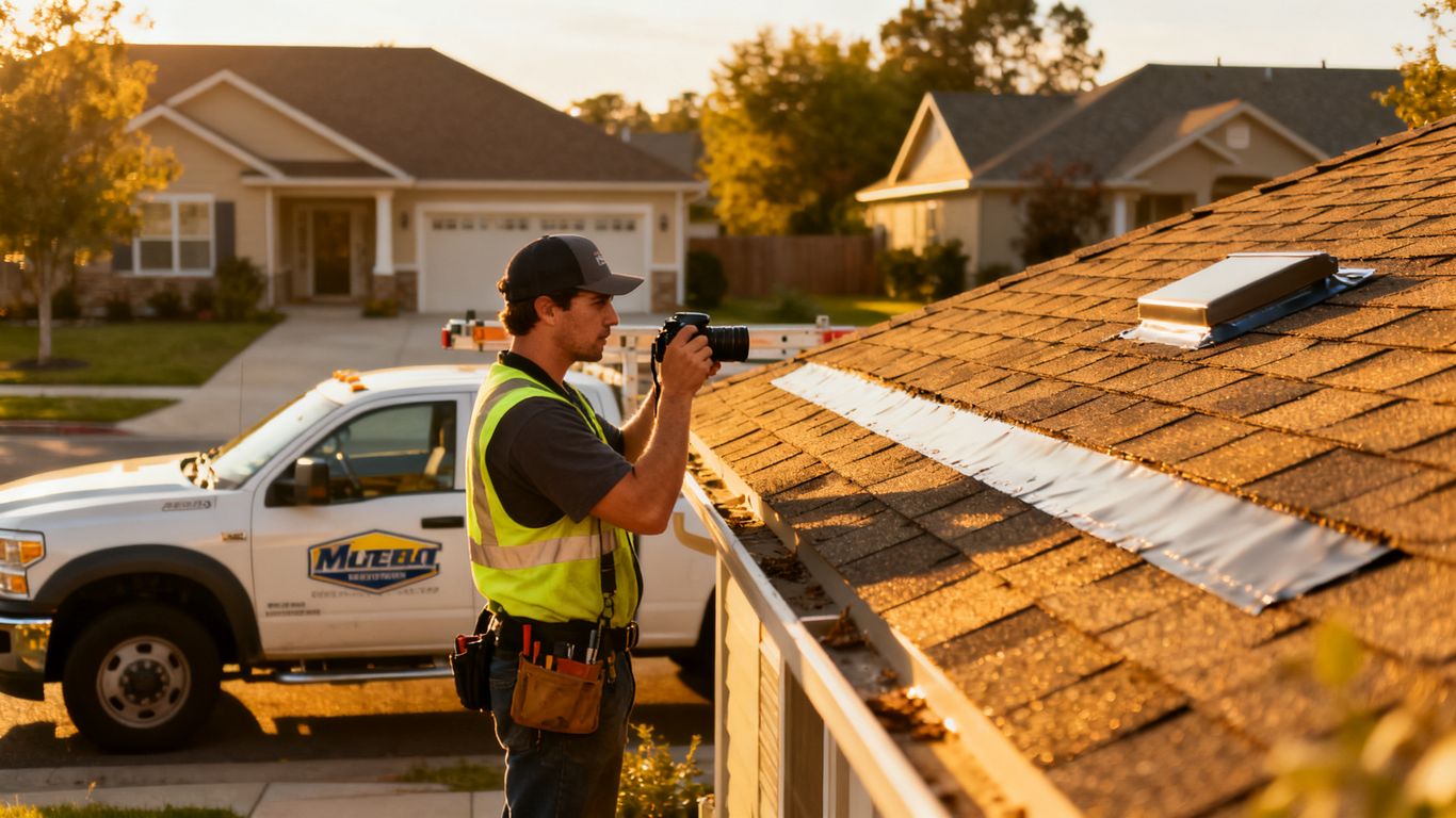 Roofing crew documenting a completed repair