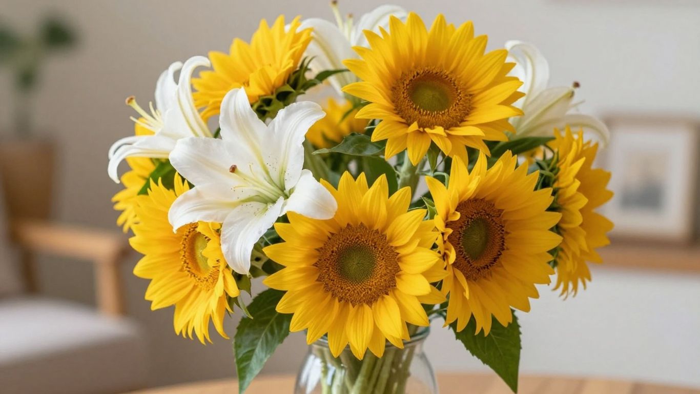 Cheerful sunflowers and lilies in a vase.