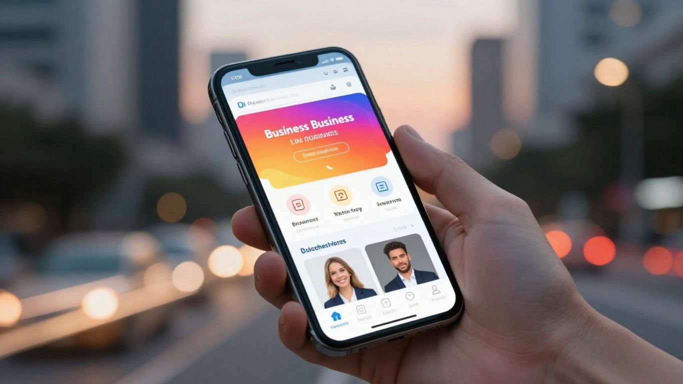 Teléfono móvil con aplicaciones empresariales y ciudad de fondo.