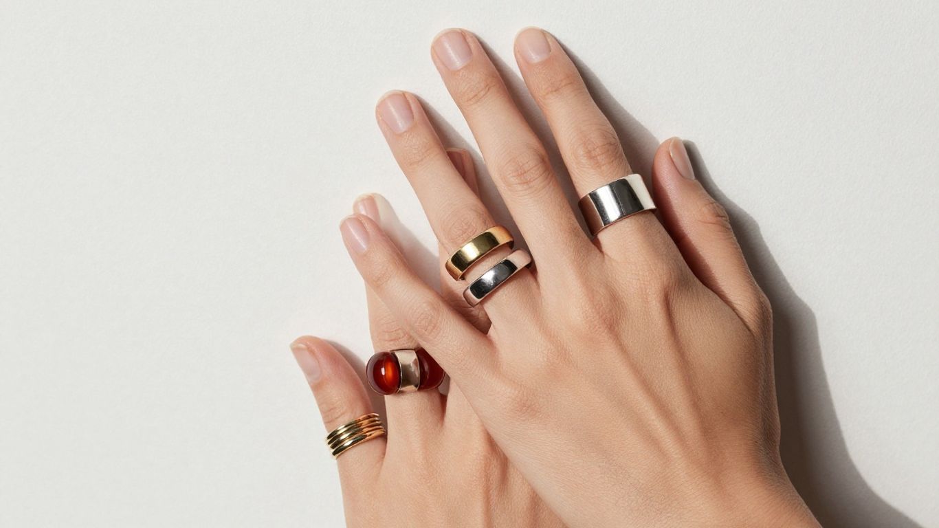 Hands stacked with rings and bold metal cuffs