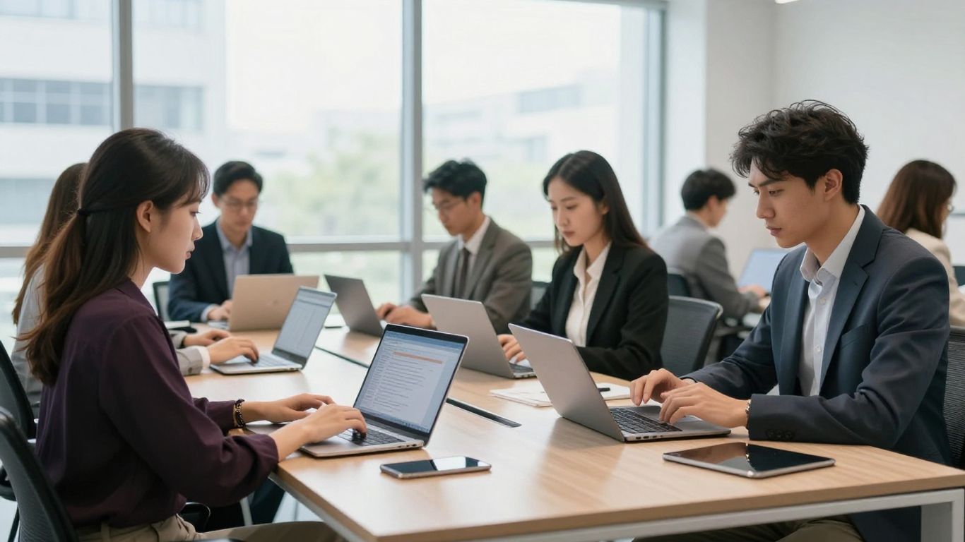 Corporate team using laptops for modern training session