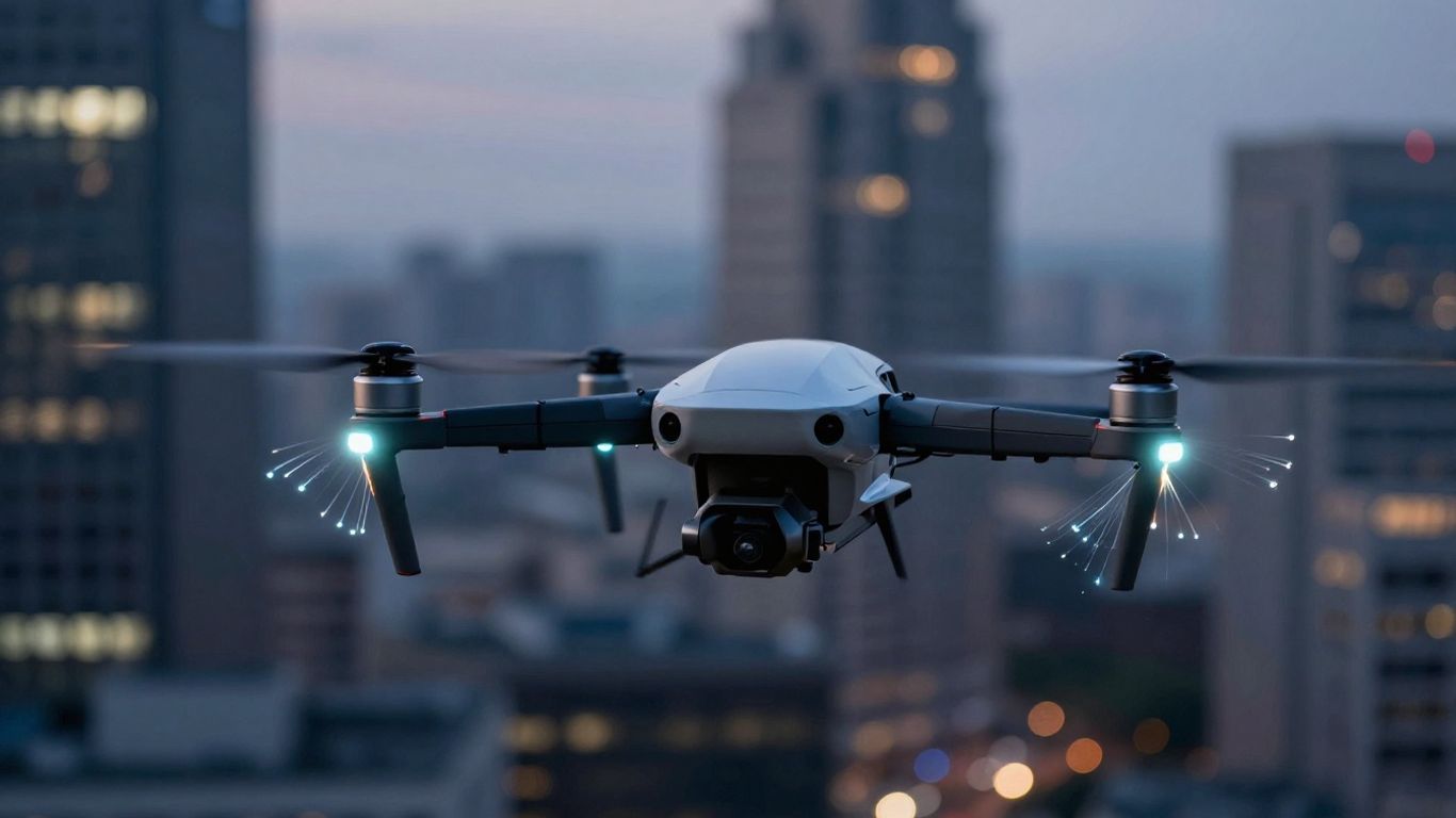 Drone with fiber optic cables against a city skyline.