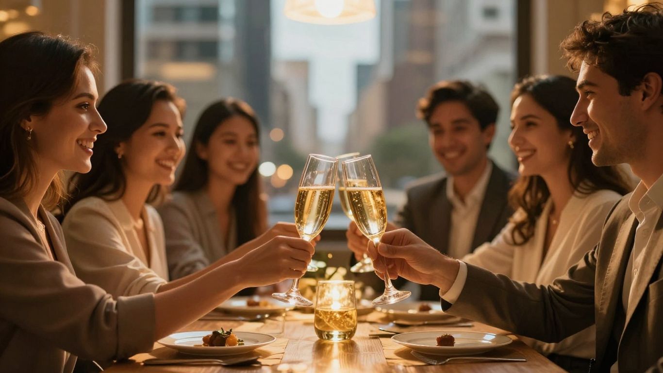 Investors toasting with champagne glasses celebrating success.