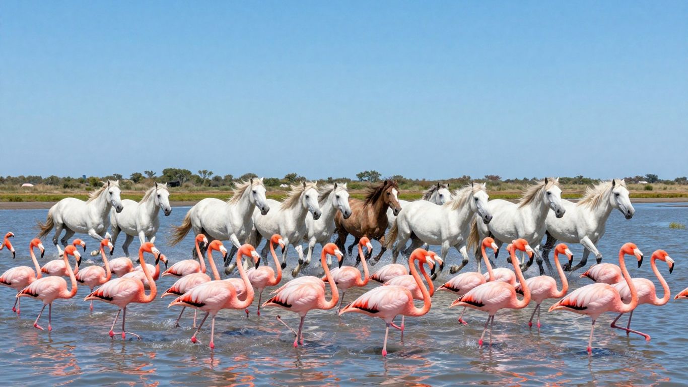 Flamingos and white horses in the Camargue landscape.