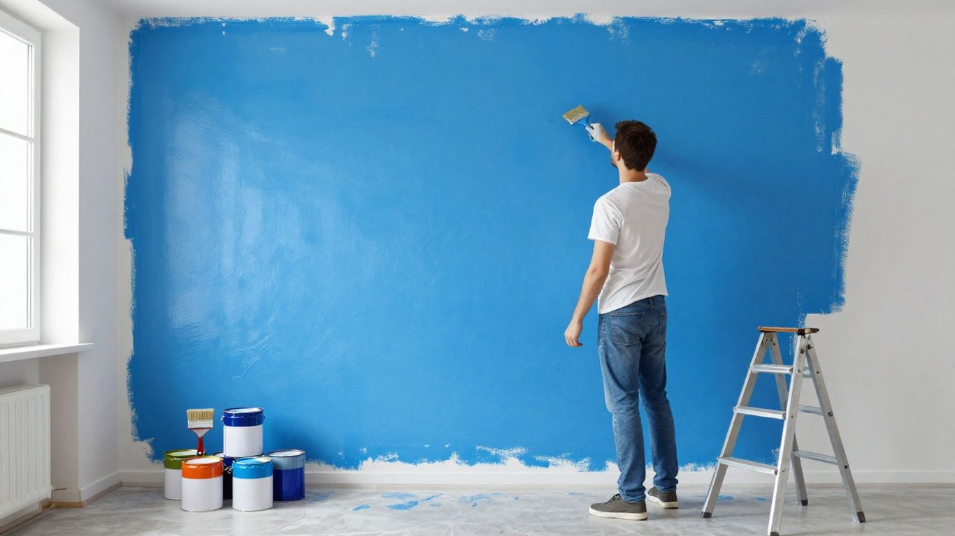 Painter applying blue paint to a wall in a home.