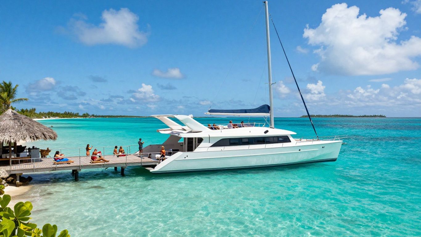 Catamaran sailing in clear Caribbean waters near islands.
