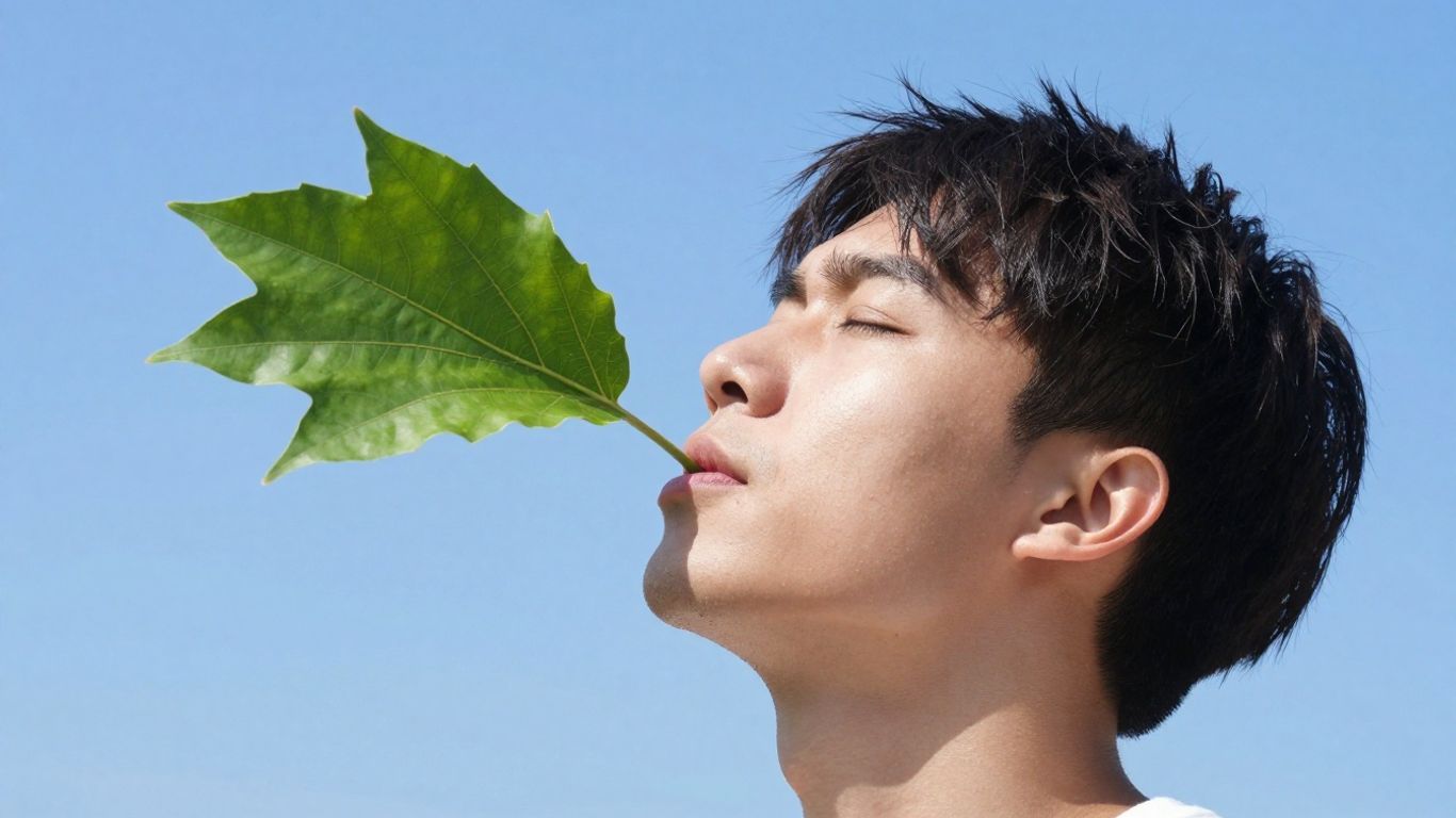 Person exhaling fresh air with nature background.