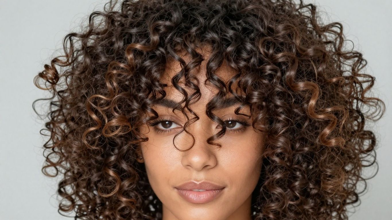 Woman with defined mixed curls, showcasing hair texture and shine.