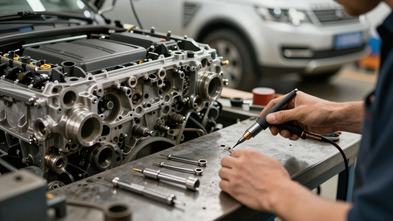 Technician inspecting Land Rover engine components