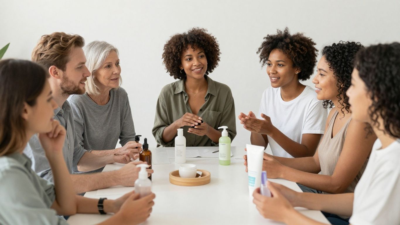 Diverse individuals sharing skin and hair care tips