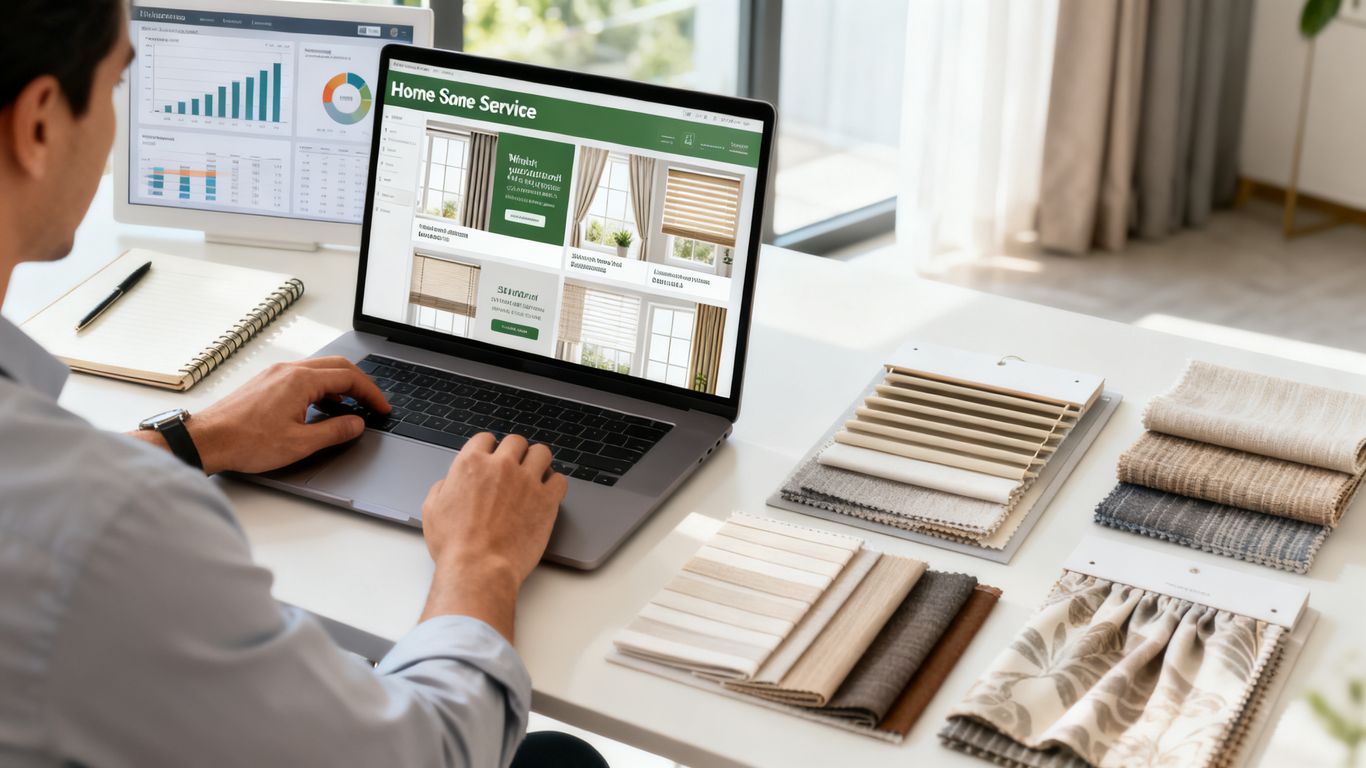 Window treatment ads reviewed on a laptop