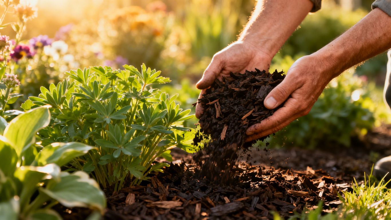 Gardener mulching perennials in a spring garden.