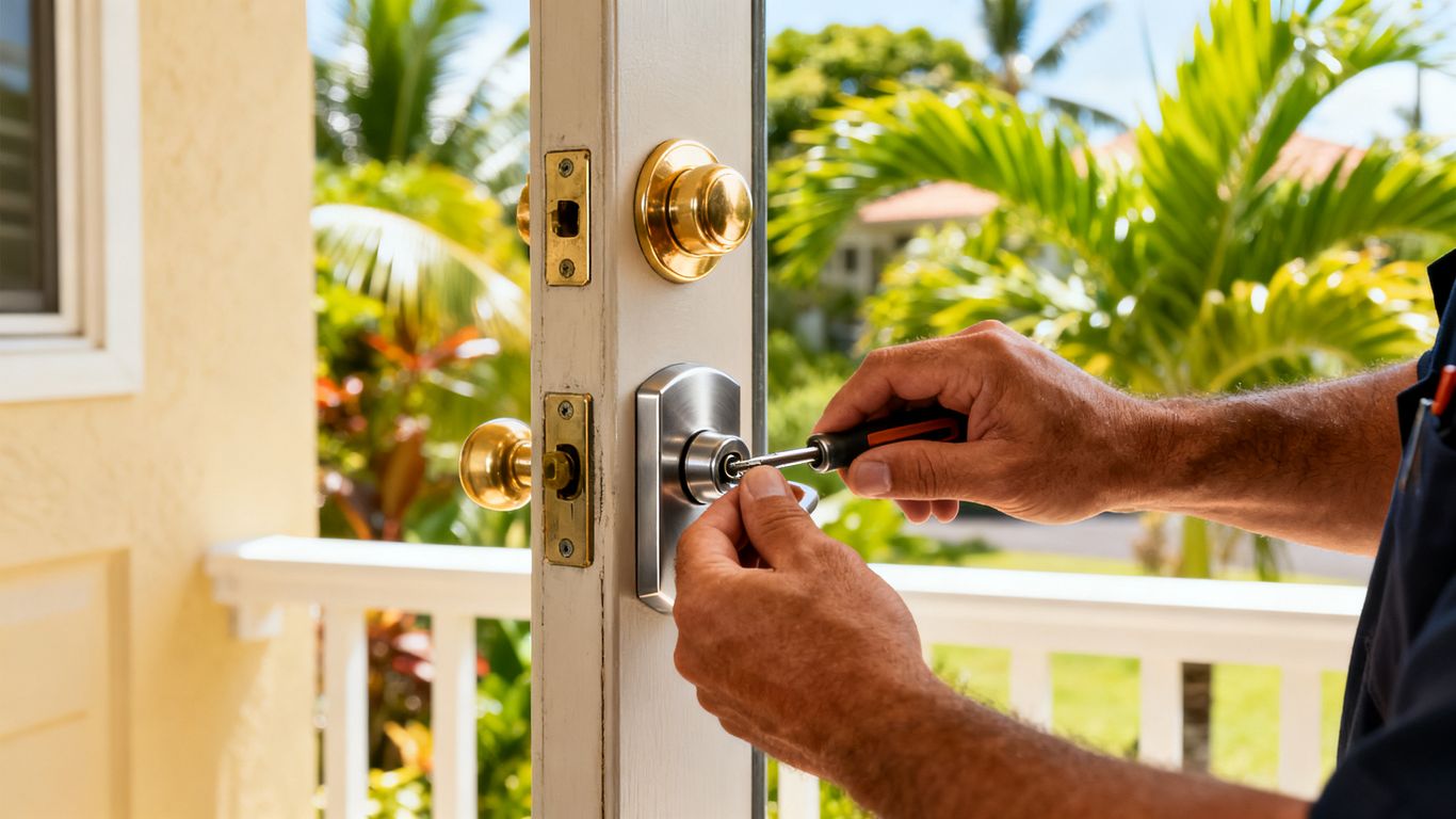 Residential locksmith working on a front door