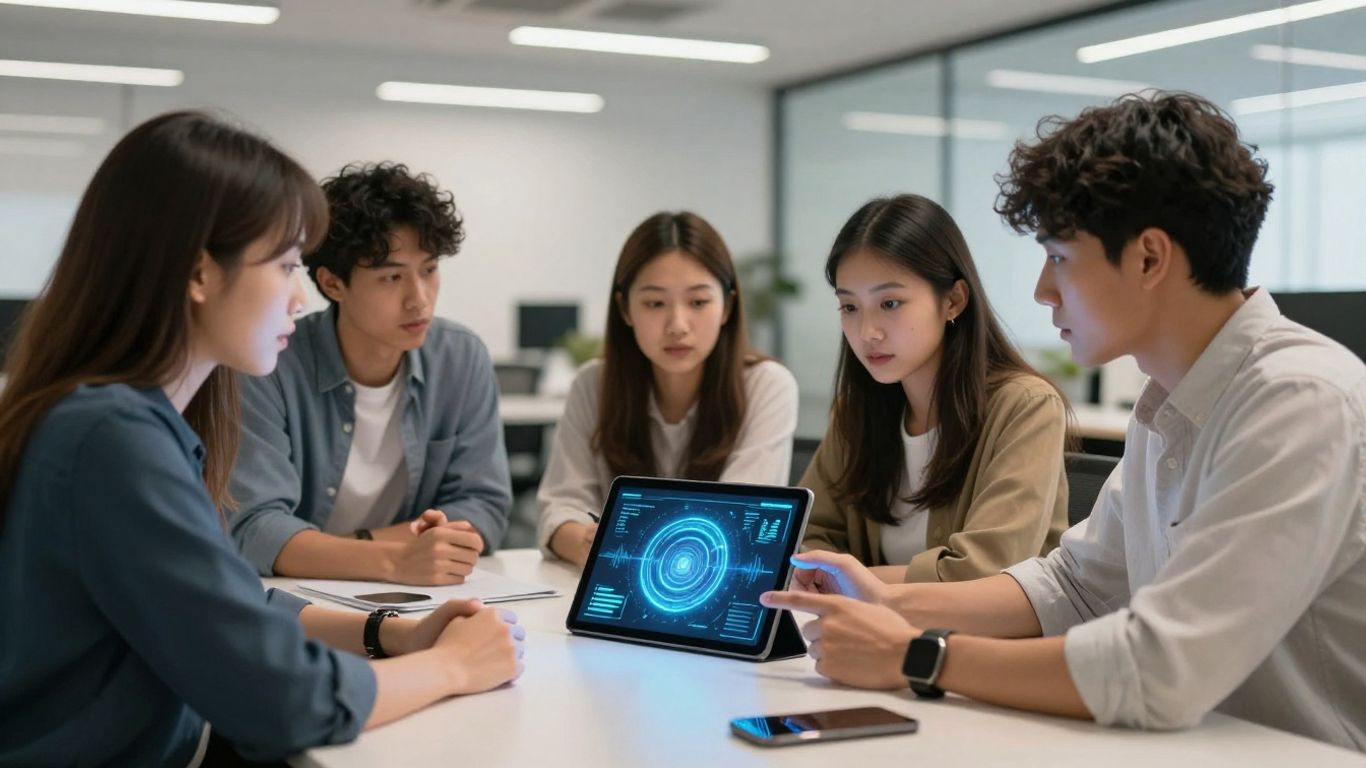 Small business owners interacting with AI on a tablet.