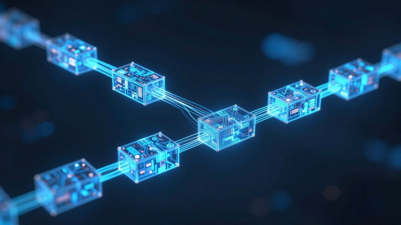 Interconnected digital blocks forming a glowing chain.