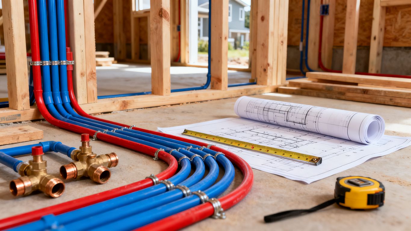Plumbing layout planning with pipes and fixtures