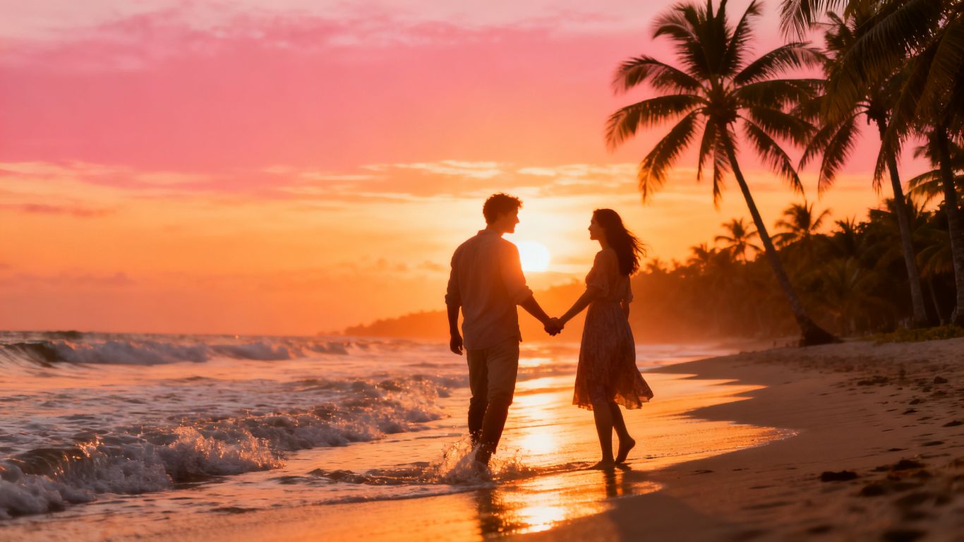 Couple holding hands on a beach at sunset.