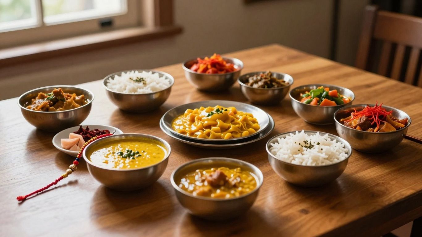 Rakhi beside Indian meal containers at home