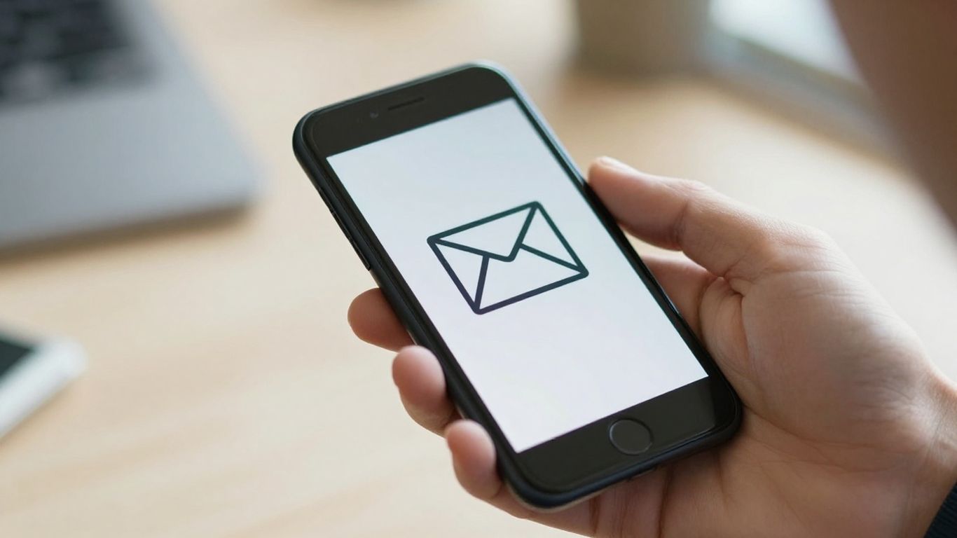 Hand holding smartphone with email icon.