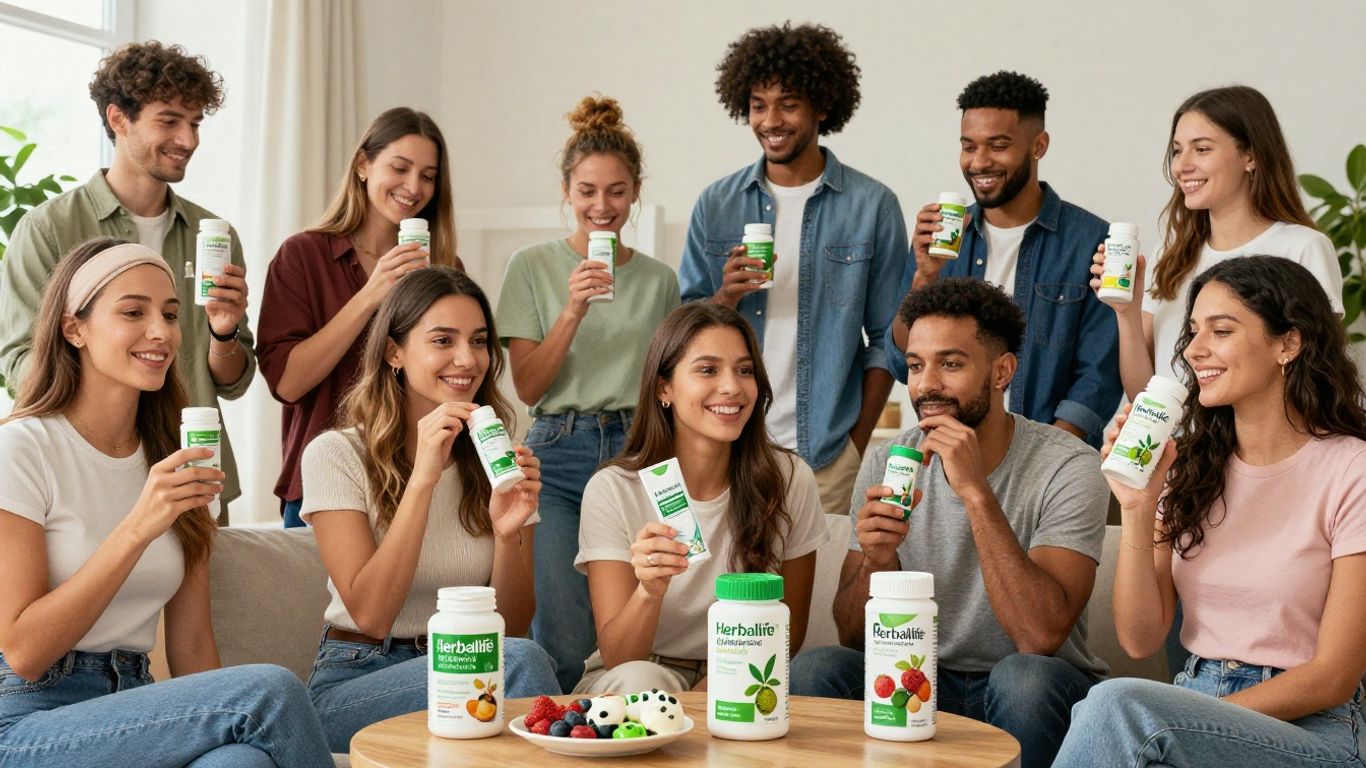Herbalife products and diverse people in global settings.
