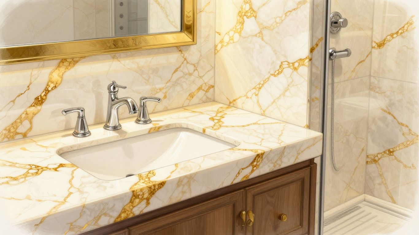 Calacatta Gold marble bathroom sketch with prominent veining.