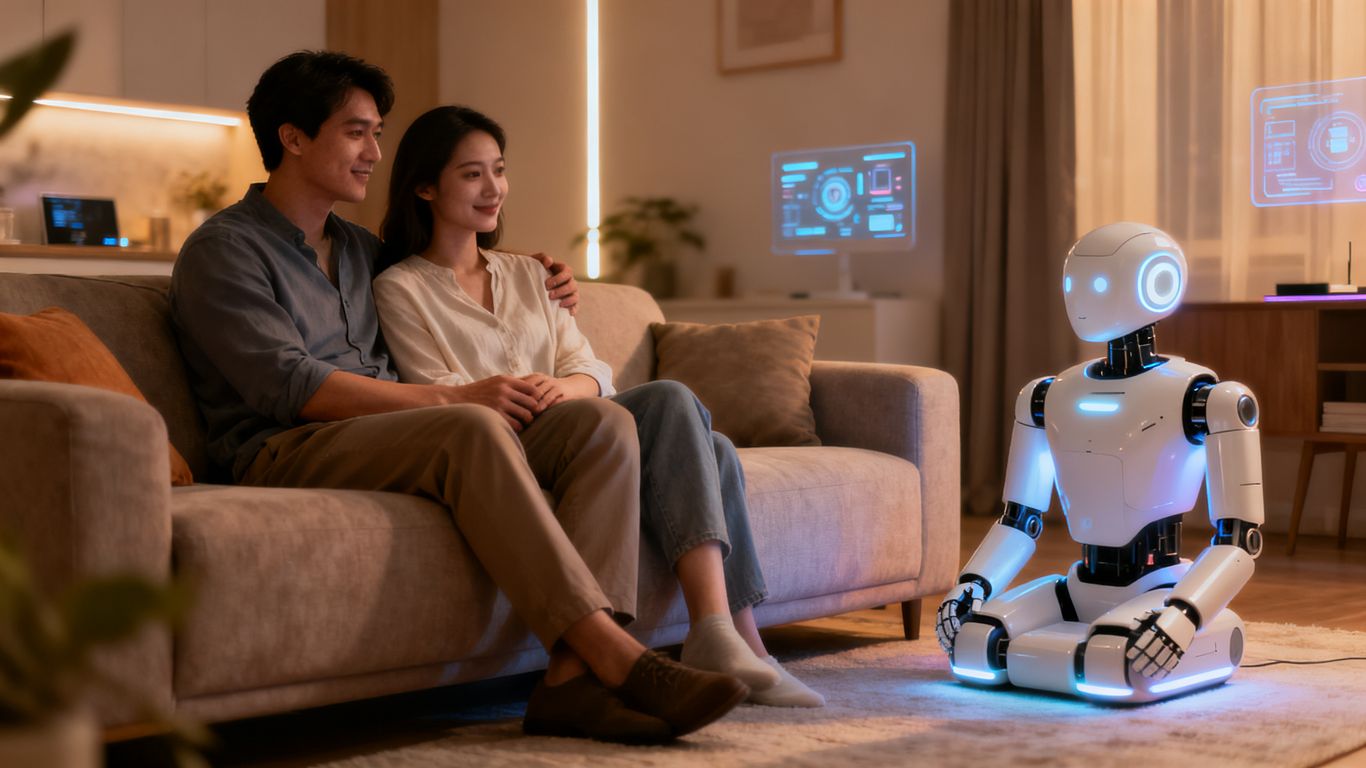 Couple and AI robot sharing a cosy living room