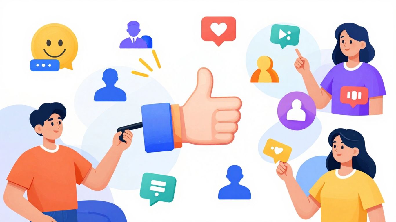 Icônes de médias sociaux avec des cœurs et des pouces levés.