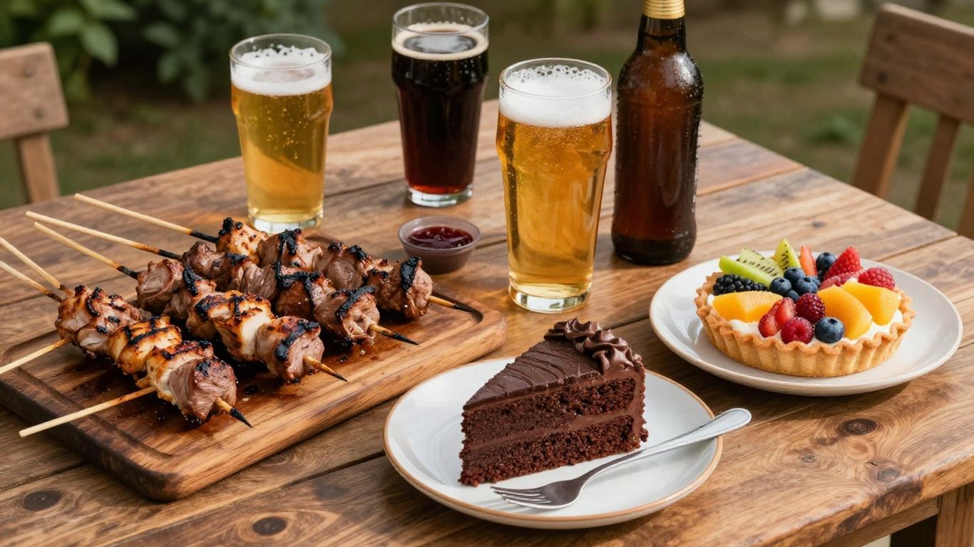 Grilled food, beer, and desserts for a cookout.