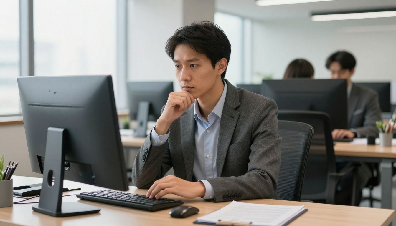 Profissional reflexivo olhando para um horizonte em um escritório moderno, simbolizando a busca por novos horizontes e crescimento na carreira