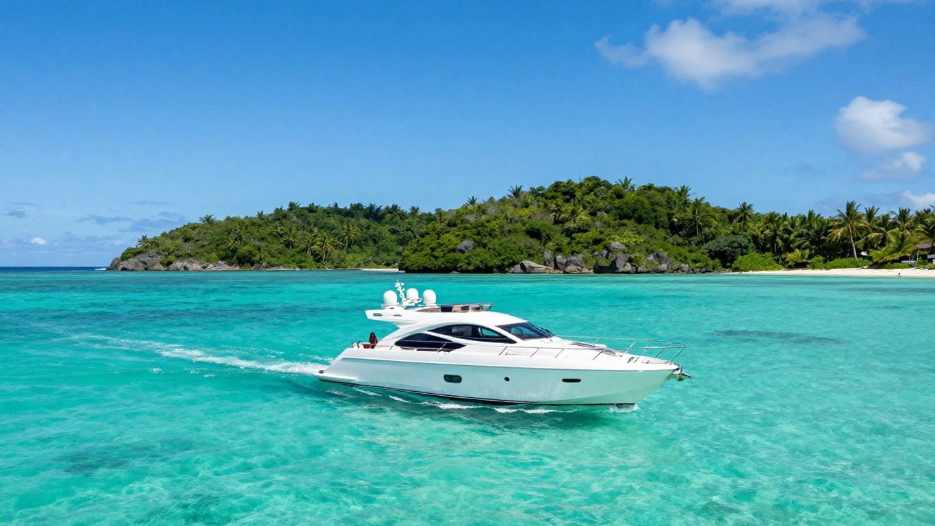 Luxury yacht sailing on clear turquoise water.