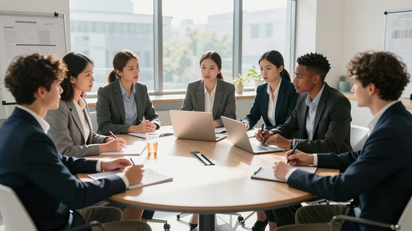 Business professionals collaborating in a bright, modern office.