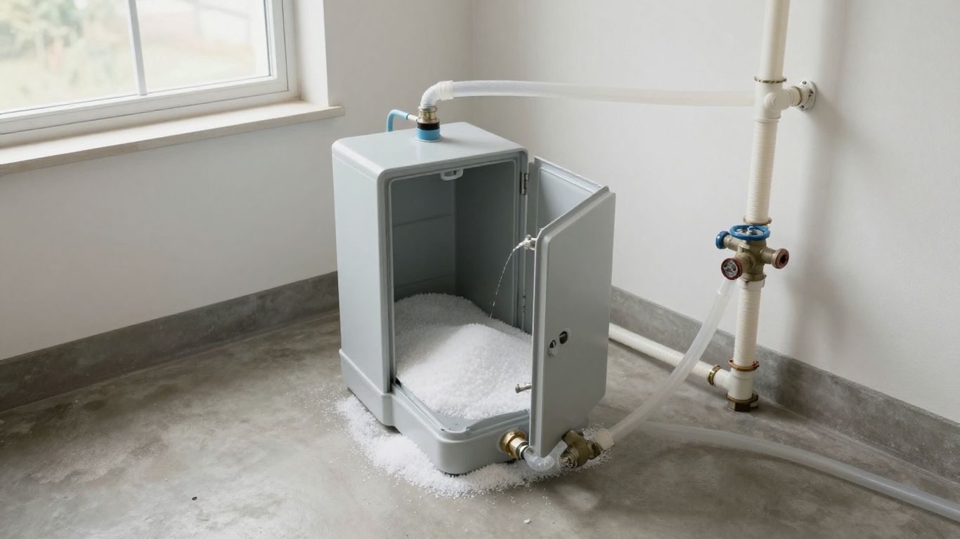 Water softener brine tank beside plumbing