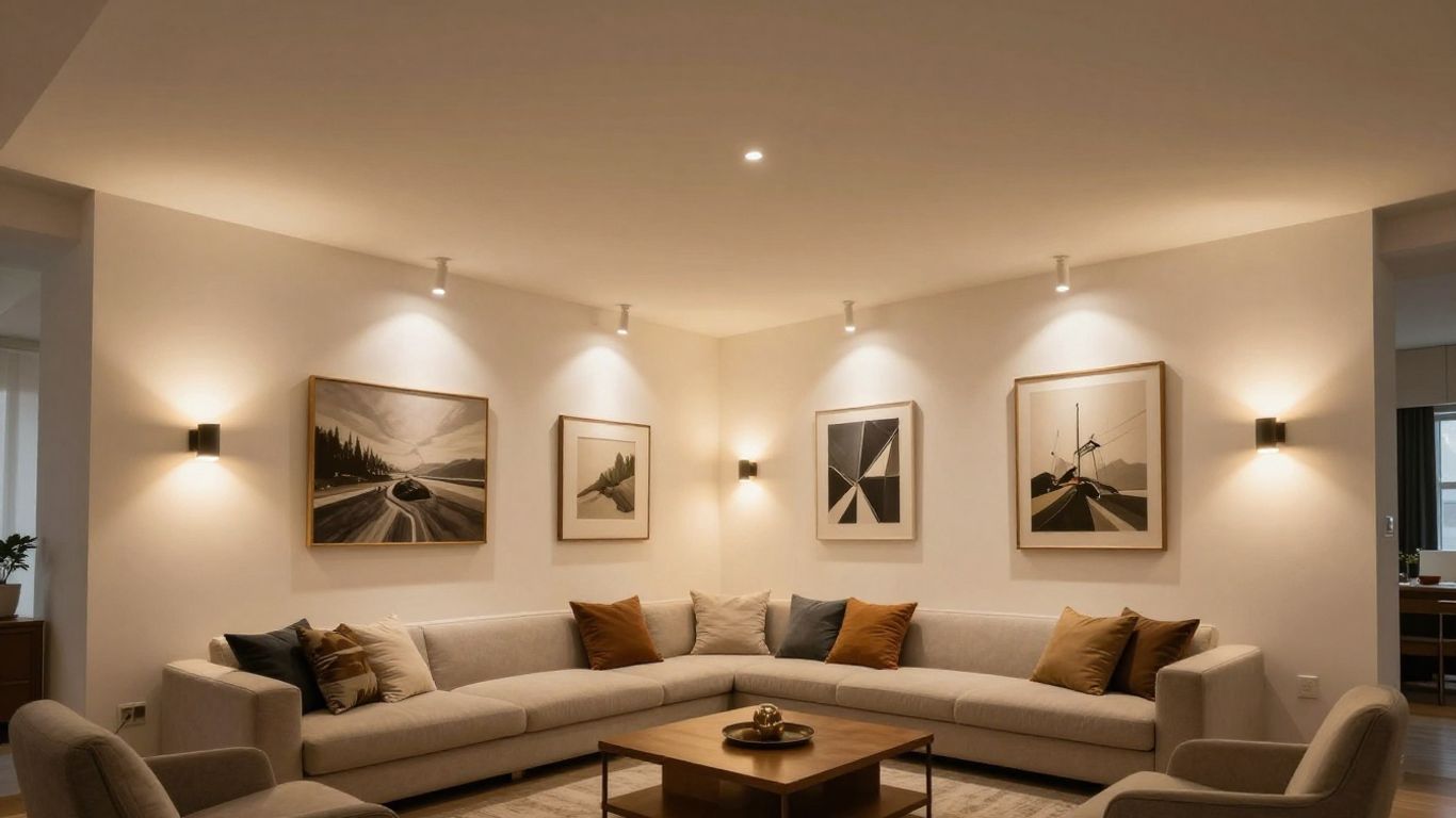Sloped ceiling with accent wall lighting