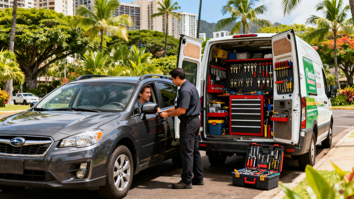Mobile locksmith assisting driver beside parked car