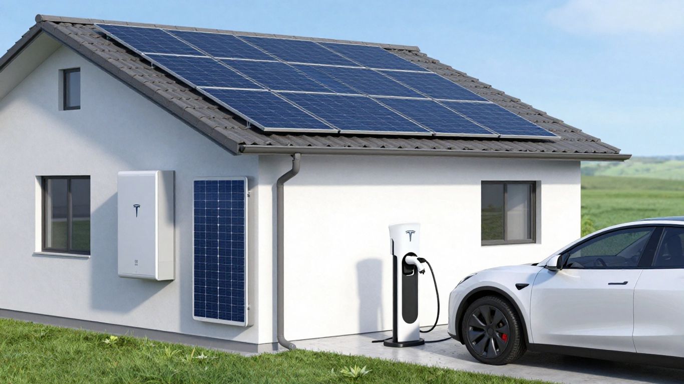 Home with solar panels, Powerwall, and EV charging.