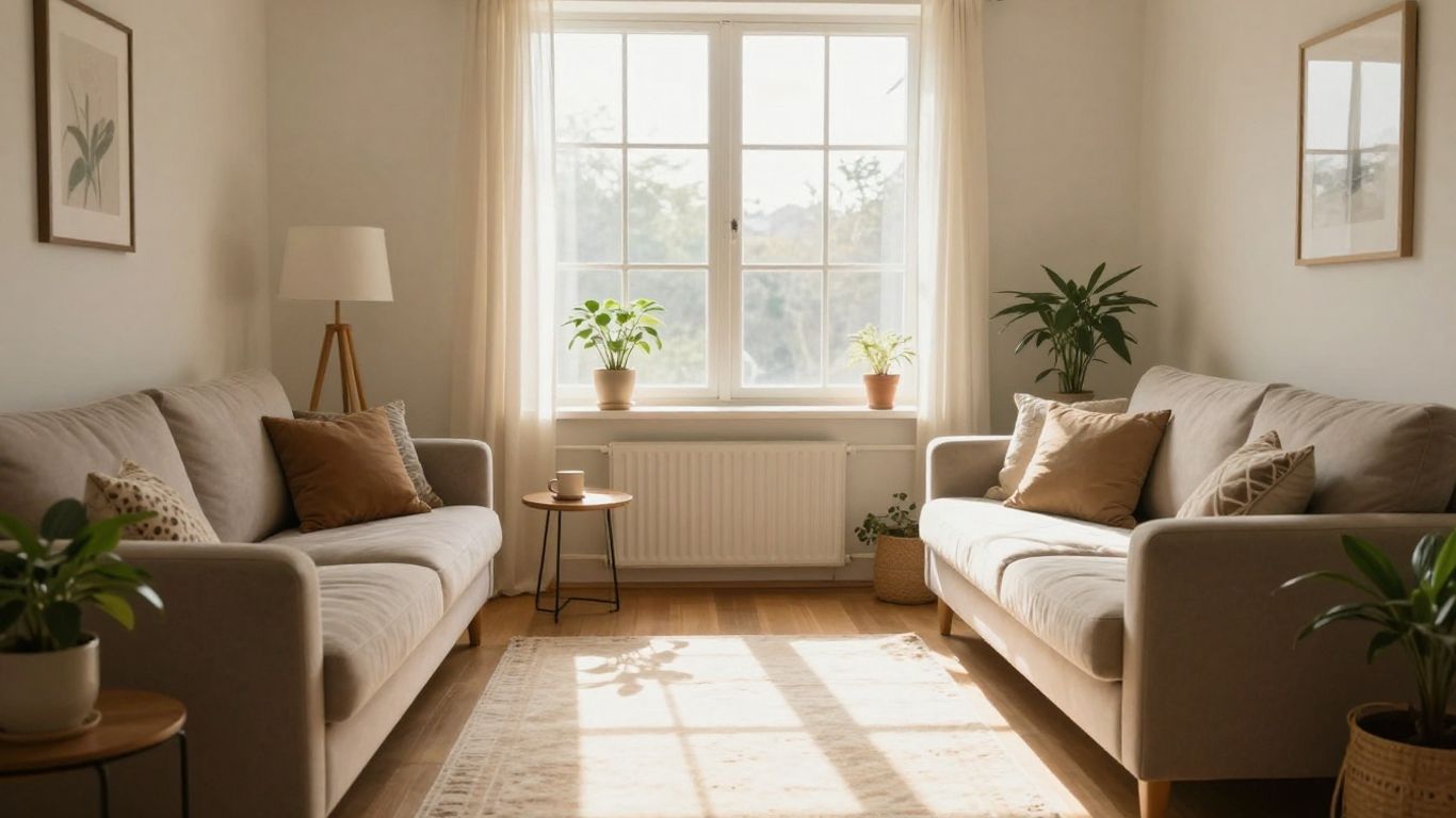 Casa acogedora con luz solar y planta.