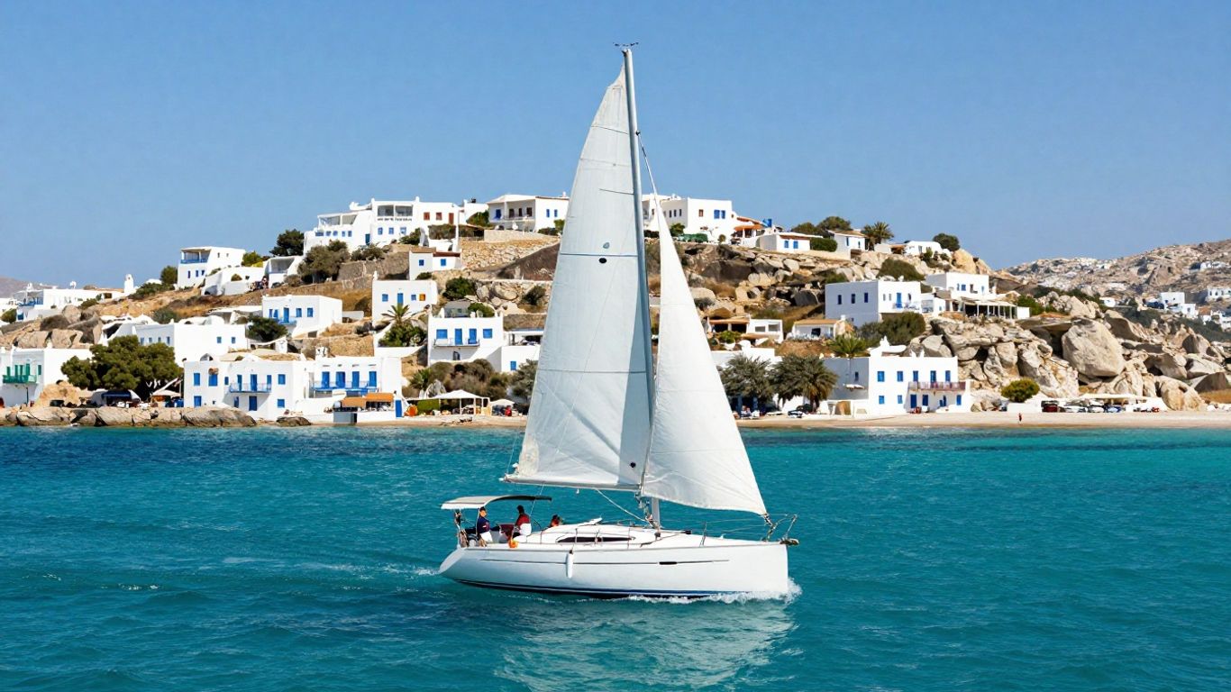 Sailboat sailing in Greece with islands in background.