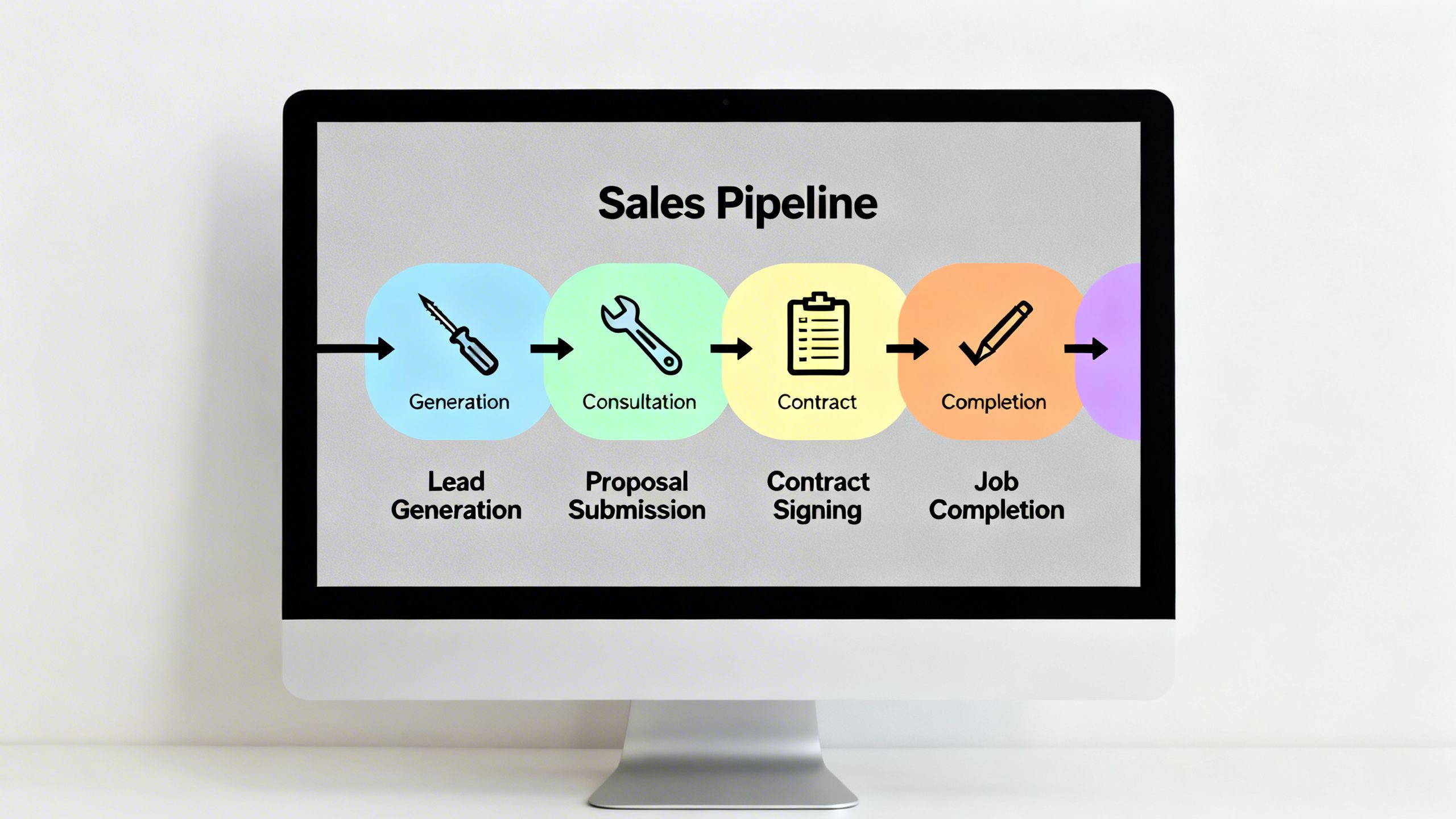 A visual sales pipeline on a computer screen showing different stages of electrician jobs