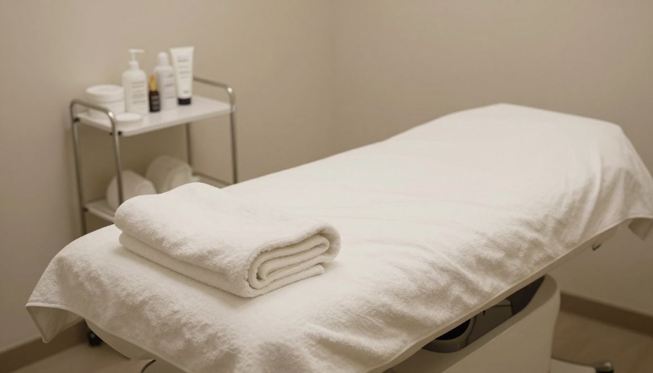 Photorealistic wide view of a tranquil, cozy medical spa facial room in downtown Saint Charles, with a treatment bed, folded white towels, skincare products, soft neutral decor, and no text, logos, or recognizable faces